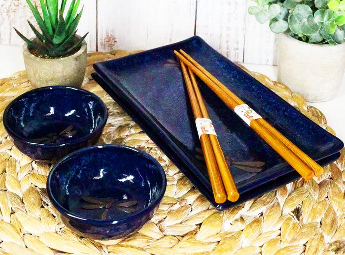 ebros gift Japanese Dragonfly Symbol of Change Quality Ceramic Sushi Dinnerware Set For Two