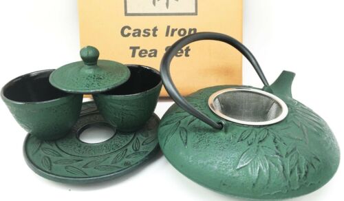 Ebros Gift Japanese Evergreen Bamboo Green Heavy Cast Iron Tea Pot With Trivet And 2 Cups