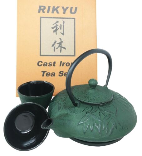 ebros gift Japanese Evergreen Bamboo Green Heavy Cast Iron Tea Pot With Trivet and 2 Cups