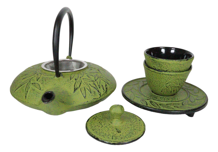 Ebros Gift Japanese Evergreen Bamboo Matcha Green Heavy Cast Iron Tea Pot With Trivet And 2 Cups