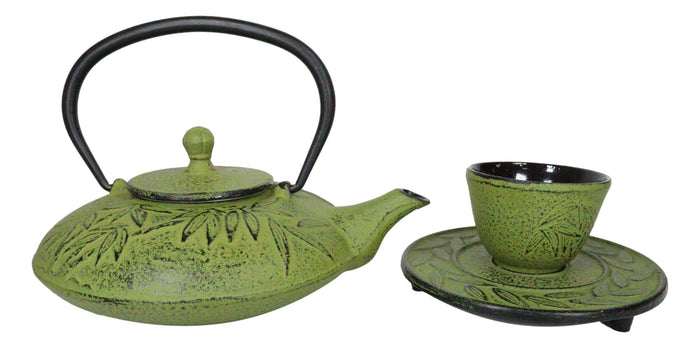 Ebros Gift Japanese Evergreen Bamboo Matcha Green Heavy Cast Iron Tea Pot With Trivet And 2 Cups