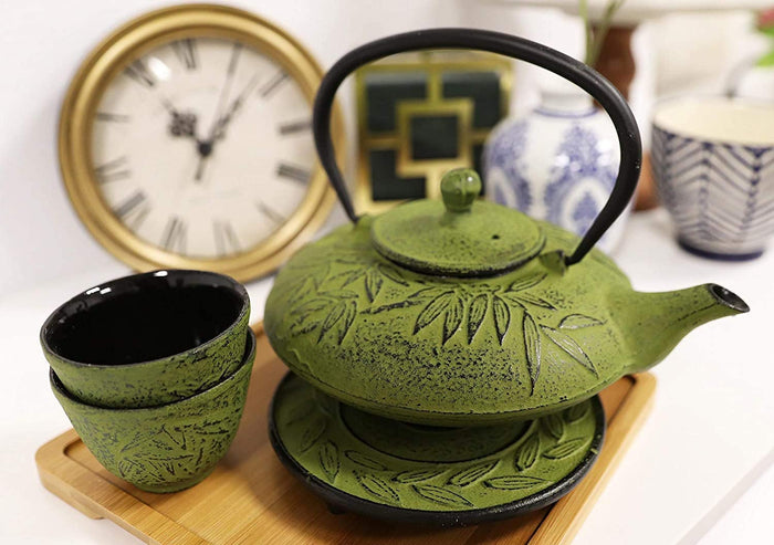 Ebros Gift Japanese Evergreen Bamboo Matcha Green Heavy Cast Iron Tea Pot With Trivet And 2 Cups