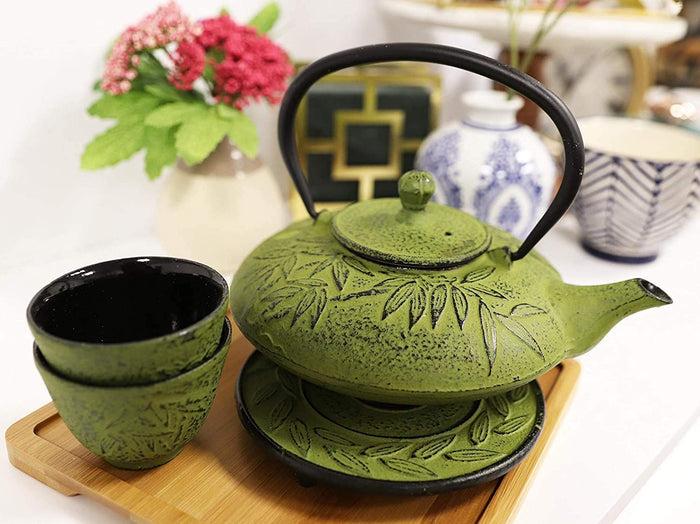 ebros gift Japanese Evergreen Bamboo Matcha Green Heavy Cast Iron Tea Pot With Trivet and 2 Cups