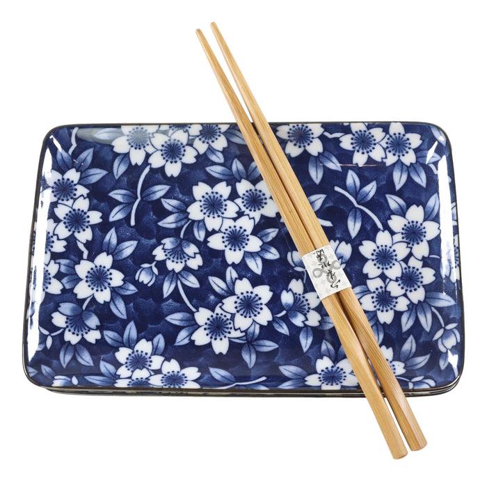 Ebros Gift Japanese Floral Cherry Blossoms Blue White Ceramic Sushi Dinnerware Set Serves 2