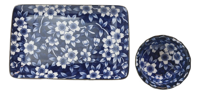 Ebros Gift Japanese Floral Cherry Blossoms Blue White Ceramic Sushi Dinnerware Set Serves 2