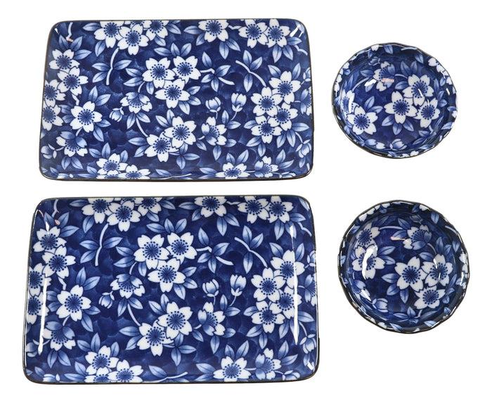 Ebros Gift Japanese Floral Cherry Blossoms Blue White Ceramic Sushi Dinnerware Set Serves 2