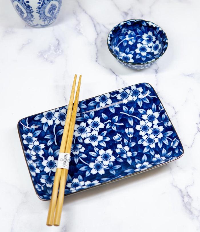 ebros gift Japanese Floral Cherry Blossoms Blue White Ceramic Sushi Dinnerware Set Serves 2