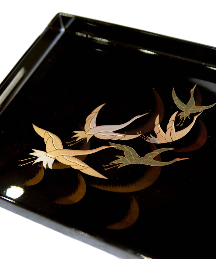 Ebros Gift Japanese Flying Cranes 19" By 12" Large Black Lacquer Serving Tray With Handles