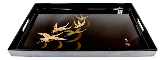 ebros gift Japanese Flying Cranes 19" by 12" Large Black Lacquer Serving Tray With Handles