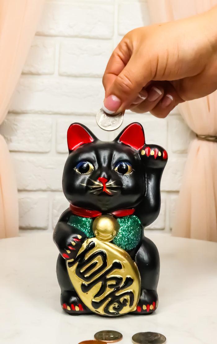 Ebros Gift Japanese Luck Fortune Charm Black Beckoning Cat Maneki Neko Money Bank Statue 5"