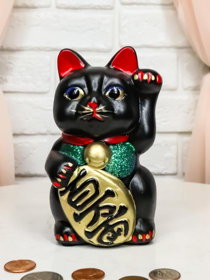 ebros gift Japanese Luck Fortune Charm Black Beckoning Cat Maneki Neko Money Bank Statue 5"