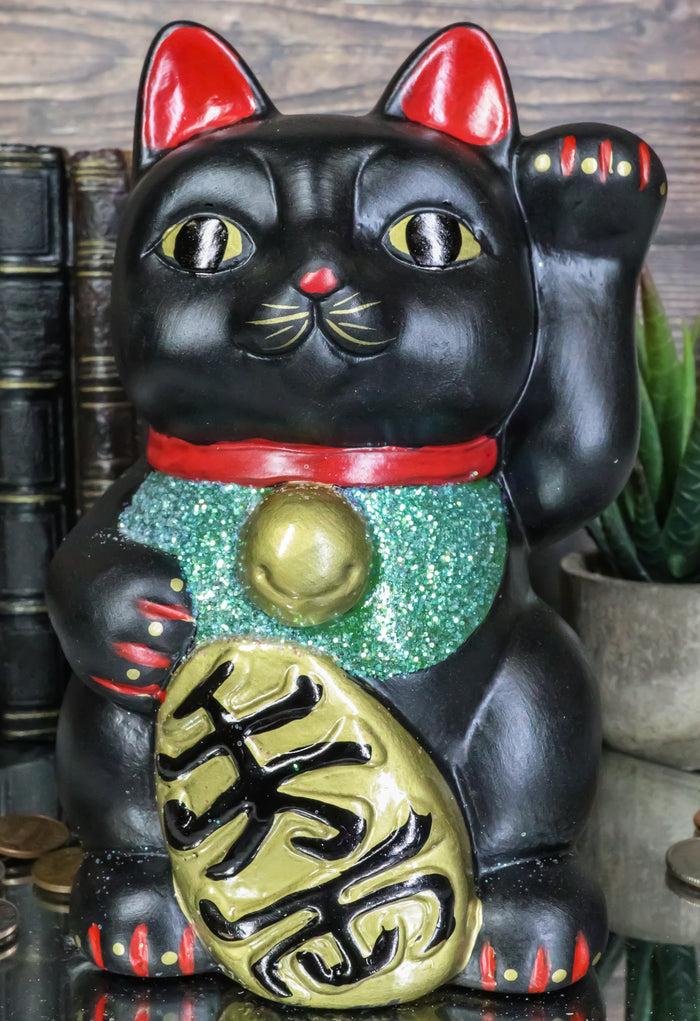 ebros gift Japanese Luck Fortune Charm Black Beckoning Cat Maneki Neko Money Bank Statue