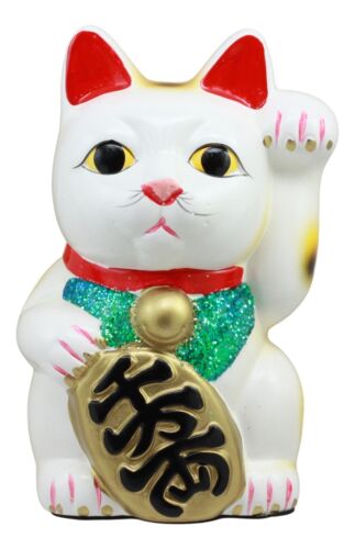 Ebros Gift Japanese Luck Fortune Charm White Beckoning Cat Maneki Neko Money Bank Statue