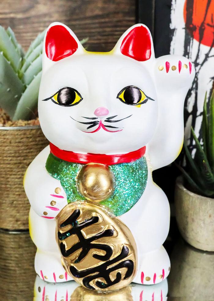 ebros gift Japanese Luck Fortune Charm White Beckoning Cat Maneki Neko Money Bank Statue