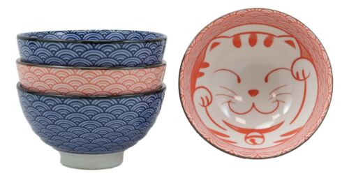 Ebros Gift Japanese Lucky Cat Maneki Neko 4.5"D 11oz Colorful Porcelain Rice Bowls Set Of 4