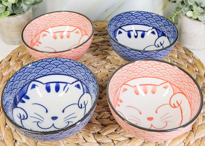 ebros gift Japanese Lucky Cat Maneki Neko 4.5"D 11oz Colorful Porcelain Rice Bowls Set of 4