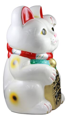 Ebros Gift Japanese Lucky Charm White Beckoning Cat Maneki Neko Money Bank Statue 18.25"H