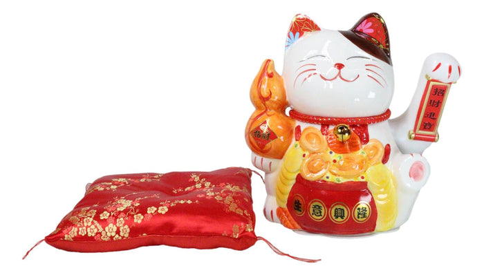 Ebros Gift Japanese Lucky Charm White Beckoning Cat Maneki Neko With Waving Arm Statue 10"