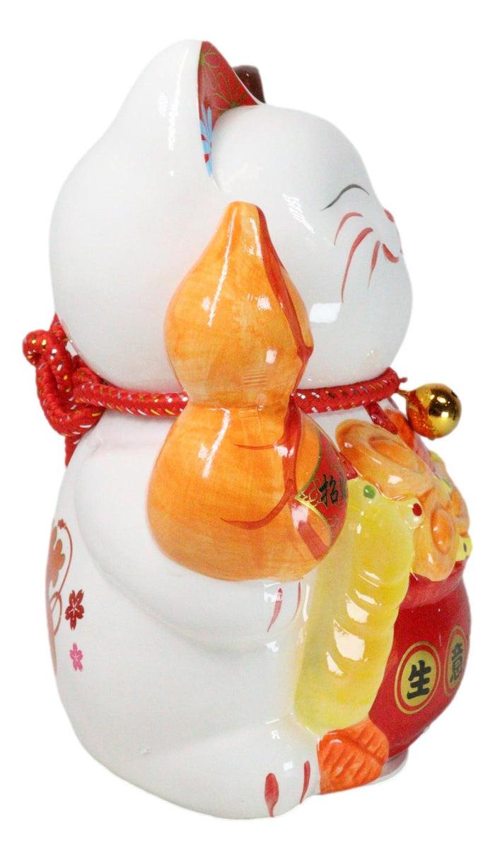 Ebros Gift Japanese Lucky Charm White Beckoning Cat Maneki Neko With Waving Arm Statue 10"