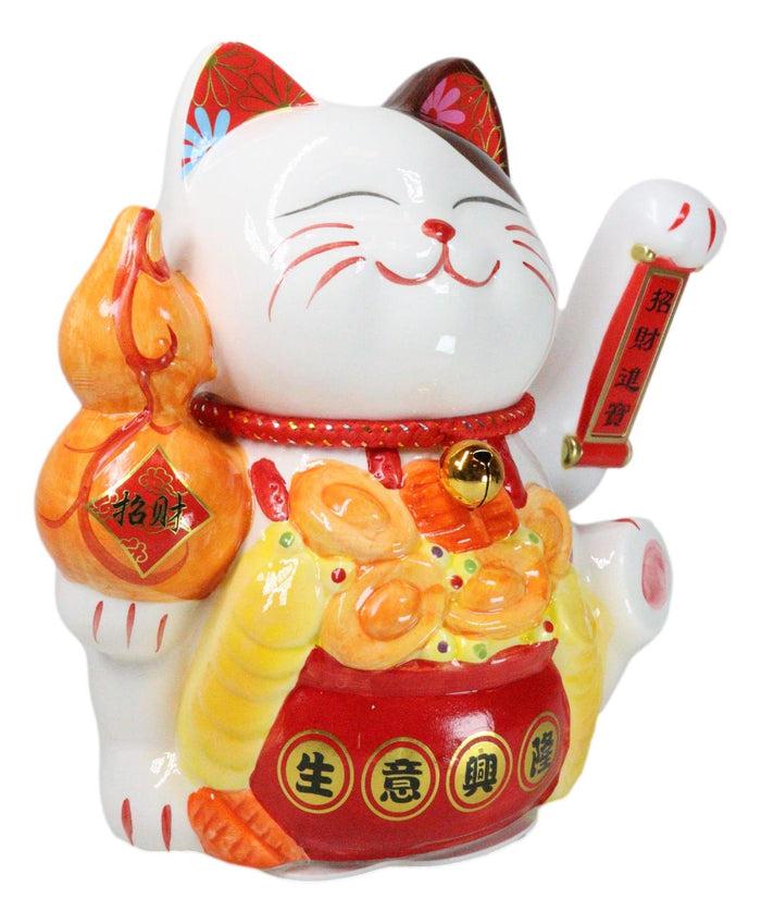 Ebros Gift Japanese Lucky Charm White Beckoning Cat Maneki Neko With Waving Arm Statue 10"