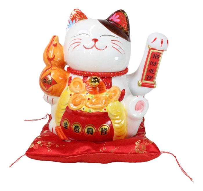 ebros gift Japanese Lucky Charm White Beckoning Cat Maneki Neko With Waving Arm Statue 10"