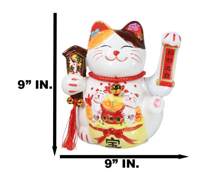 Ebros Gift Japanese Lucky Charm White Beckoning Cat Maneki Neko With Waving Arm Figurine 9"