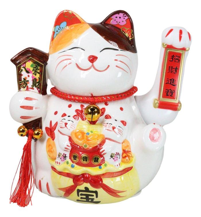 Ebros Gift Japanese Lucky Charm White Beckoning Cat Maneki Neko With Waving Arm Figurine 9"