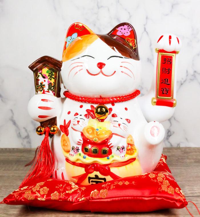 ebros gift Japanese Lucky Charm White Beckoning Cat Maneki Neko With Waving Arm Figurine 9"