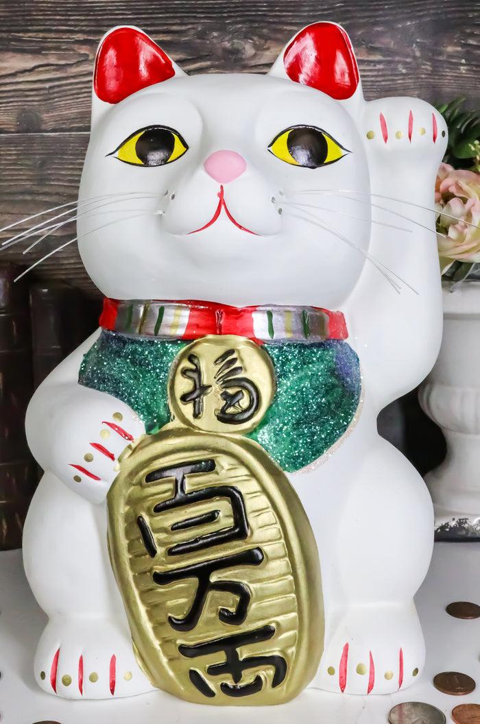 ebros gift Japanese Lucky Charm White Beckoning Cat Maneki Neko Money Bank Statue 12.5"H