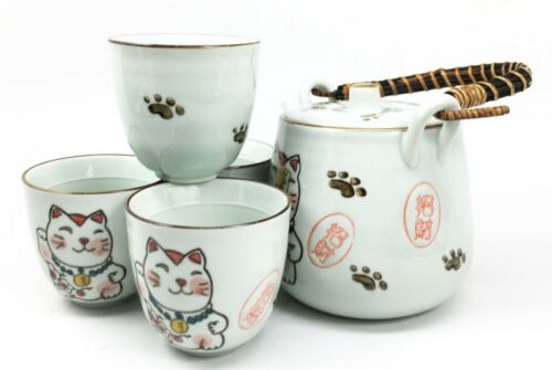 Ebros Gift Japanese Maneki Neko Ceramic Tea Set Pot And Cups Lucky Charm Cat Serves 4
