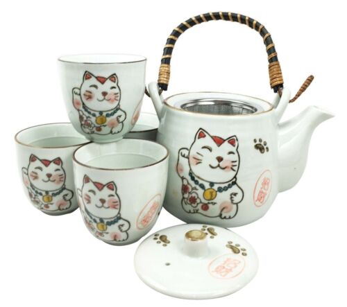 Ebros Gift Japanese Maneki Neko Ceramic Tea Set Pot And Cups Lucky Charm Cat Serves 4