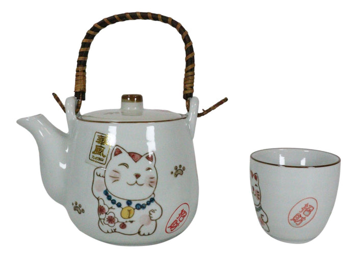 Ebros Gift Japanese Maneki Neko Ceramic Tea Set Pot And Cups Lucky Charm Cat Serves 4