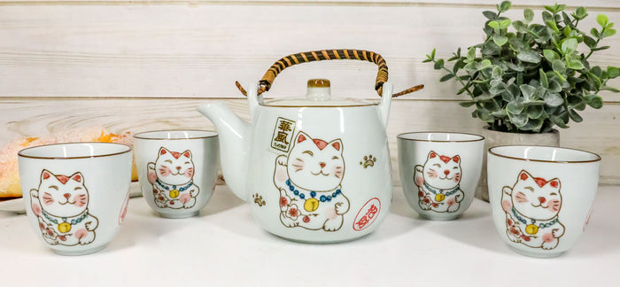 ebros gift Japanese Maneki Neko Ceramic Tea Set Pot and Cups Lucky Charm Cat Serves 4