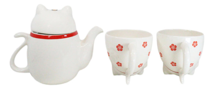 Ebros Gift Japanese Maneki Neko Lucky Beckoning Cat Ceramic Tea Pot And 2 Teacup Mugs Set
