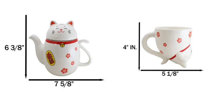 Ebros Gift Japanese Maneki Neko Lucky Beckoning Cat Ceramic Tea Pot And 2 Teacup Mugs Set