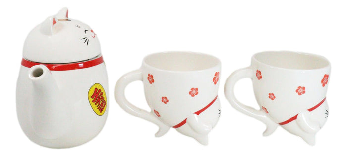 Ebros Gift Japanese Maneki Neko Lucky Beckoning Cat Ceramic Tea Pot And 2 Teacup Mugs Set