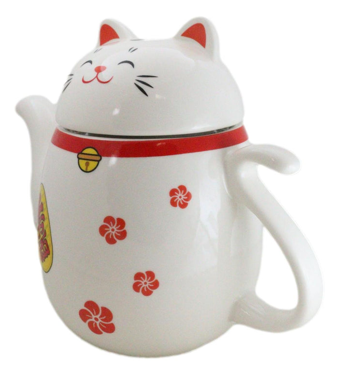 Ebros Gift Japanese Maneki Neko Lucky Beckoning Cat Ceramic Tea Pot With Metal Strainer