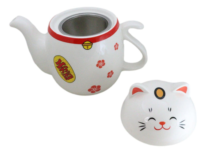 Ebros Gift Japanese Maneki Neko Lucky Beckoning Cat Ceramic Tea Pot With Metal Strainer