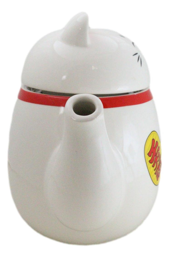 Ebros Gift Japanese Maneki Neko Lucky Beckoning Cat Ceramic Tea Pot With Metal Strainer