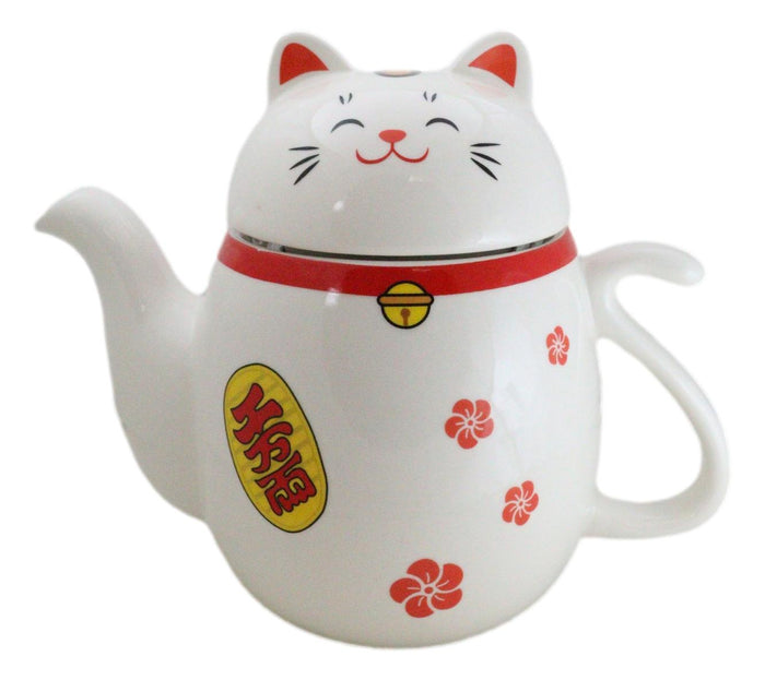 ebros gift Japanese Maneki Neko Lucky Beckoning Cat Ceramic Tea Pot With Metal Strainer