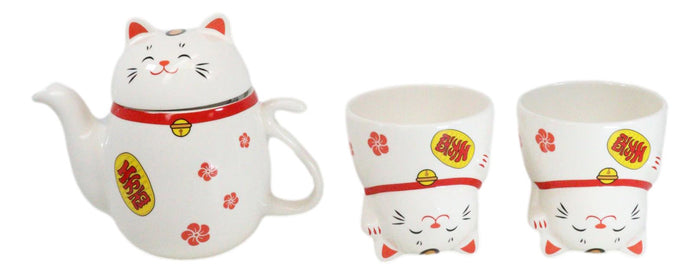 ebros gift Japanese Maneki Neko Lucky Beckoning Cat Ceramic Tea Pot And 2 Teacup Mugs Set