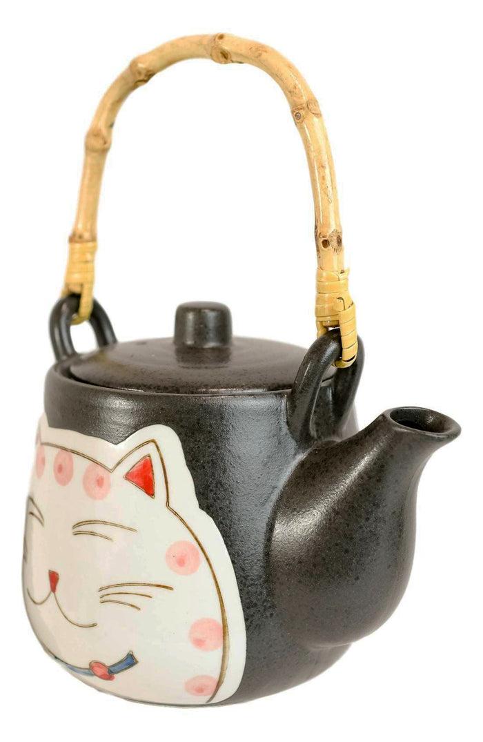 Ebros Gift Japanese Maneki Neko Lucky Cat Ceramic Charcoal Black 20oz Tea Pot & 4 Cups Set