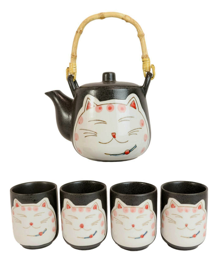 Ebros Gift Japanese Maneki Neko Lucky Cat Ceramic Charcoal Black 20oz Tea Pot & 4 Cups Set