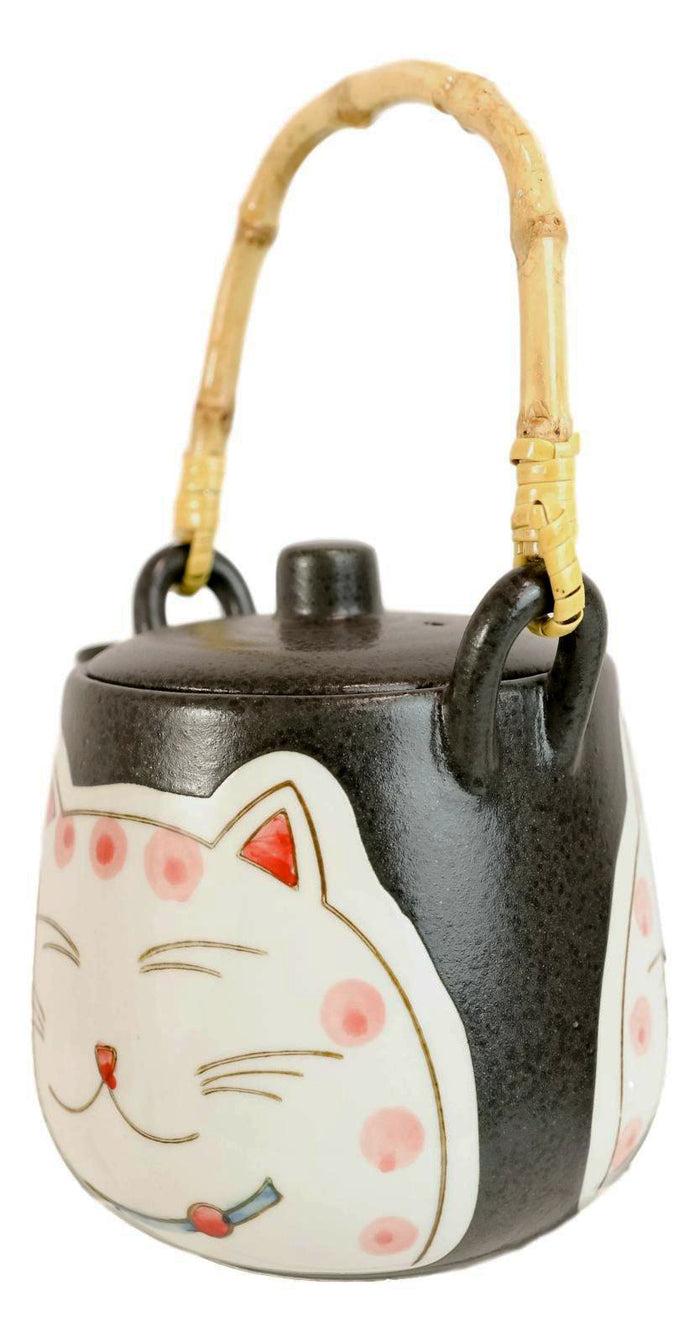 Ebros Gift Japanese Maneki Neko Lucky Cat Ceramic Charcoal Black 20oz Tea Pot & 4 Cups Set