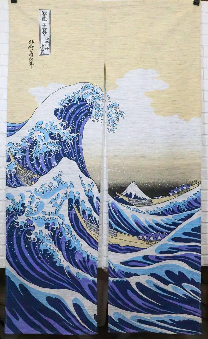 Ebros Gift Japanese Noren Curtain Tapestry The Great Wave Off Kanagawa Mount Fuji Beige