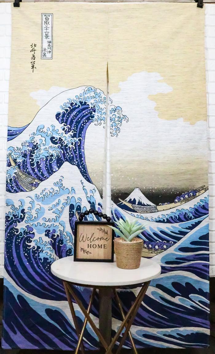 Ebros Gift Japanese Noren Curtain Tapestry The Great Wave Off Kanagawa Mount Fuji Beige