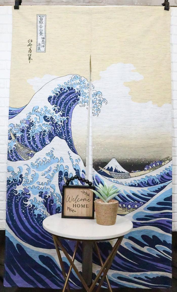Ebros Gift Japanese Noren Curtain Tapestry The Great Wave Off Kanagawa Mount Fuji Beige