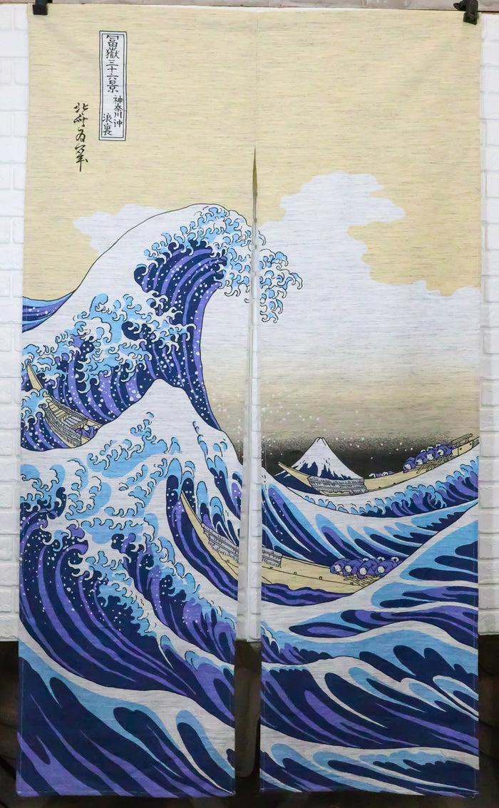 ebros gift Japanese Noren Curtain Tapestry The Great Wave Off Kanagawa Mount Fuji Beige
