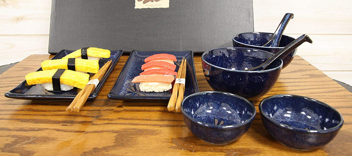 Ebros Gift Japanese Pair Of Dragonfly Blue Motif Ceramic Sushi Dinnerware 10pc Set For Two