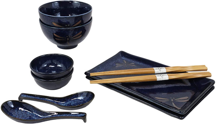 Ebros Gift Japanese Pair Of Dragonfly Blue Motif Ceramic Sushi Dinnerware 10pc Set For Two